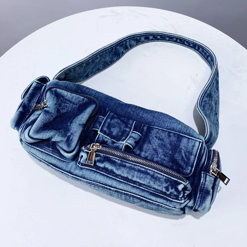 Denim Moto Bike Womens Underwear Bag er Handbag and Wallet 2024 Retro Multi Pocket Zipper Shoulder241209