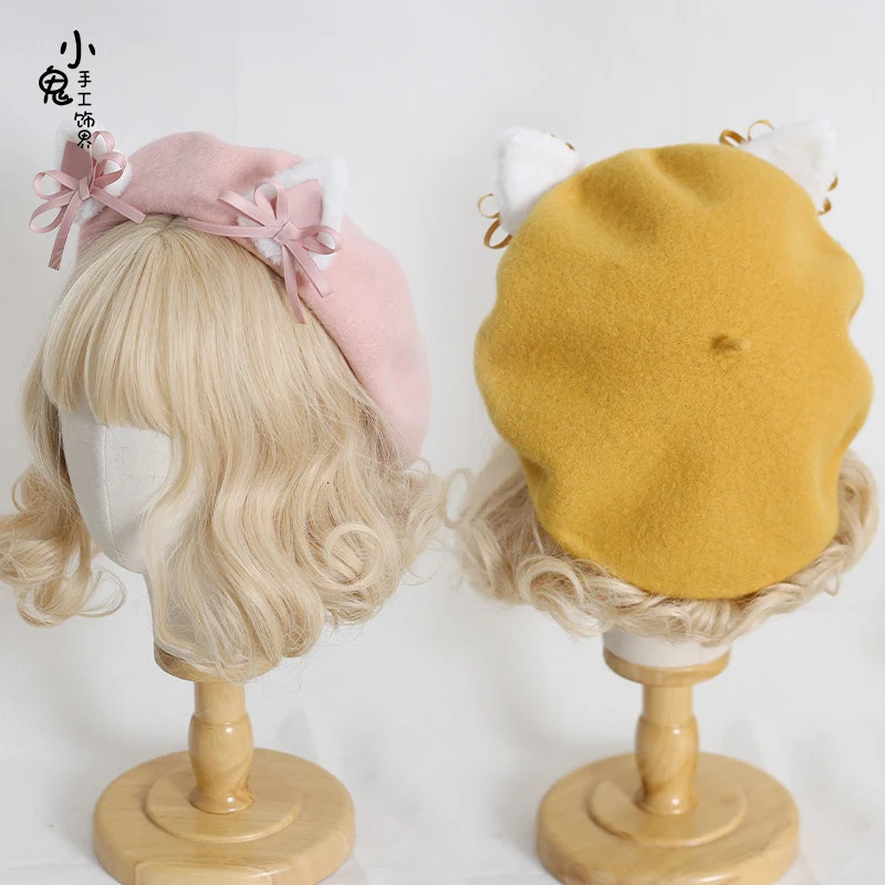 Japanese Lolita girl bow Cats ears Steamed cat-ear shaped bread lobule lovely Cats ears Steamed cat-ear shaped bread bud hat in autumn and winter 2412