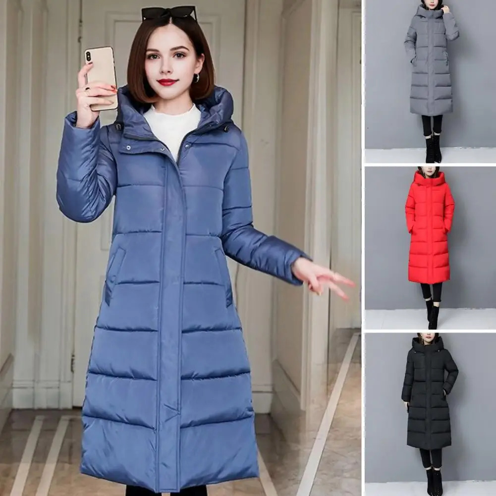 Winter womens long park thick apron buckle collar solid color pocket zipper cotton jacket 241209