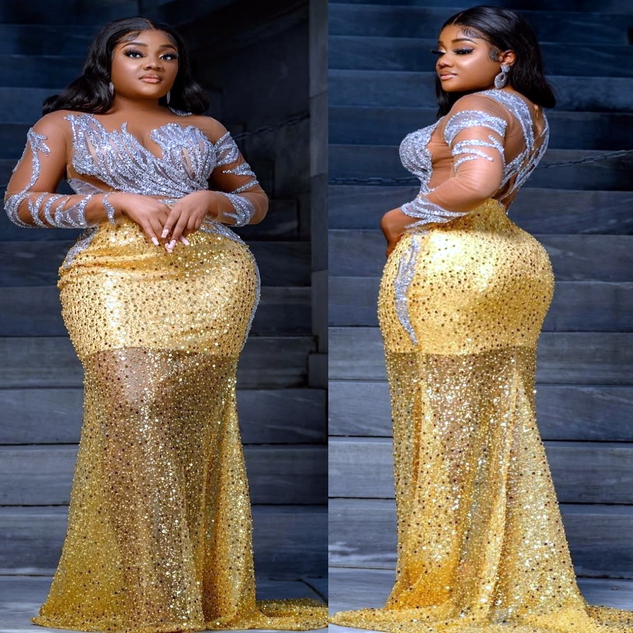 Gold Mermaid Prom Dresses 2025 Sequined Full Sleeves Sheer Neck Evening Formal Party Second Birthday Engagement Gowns Plus Size Dress For Special Occa