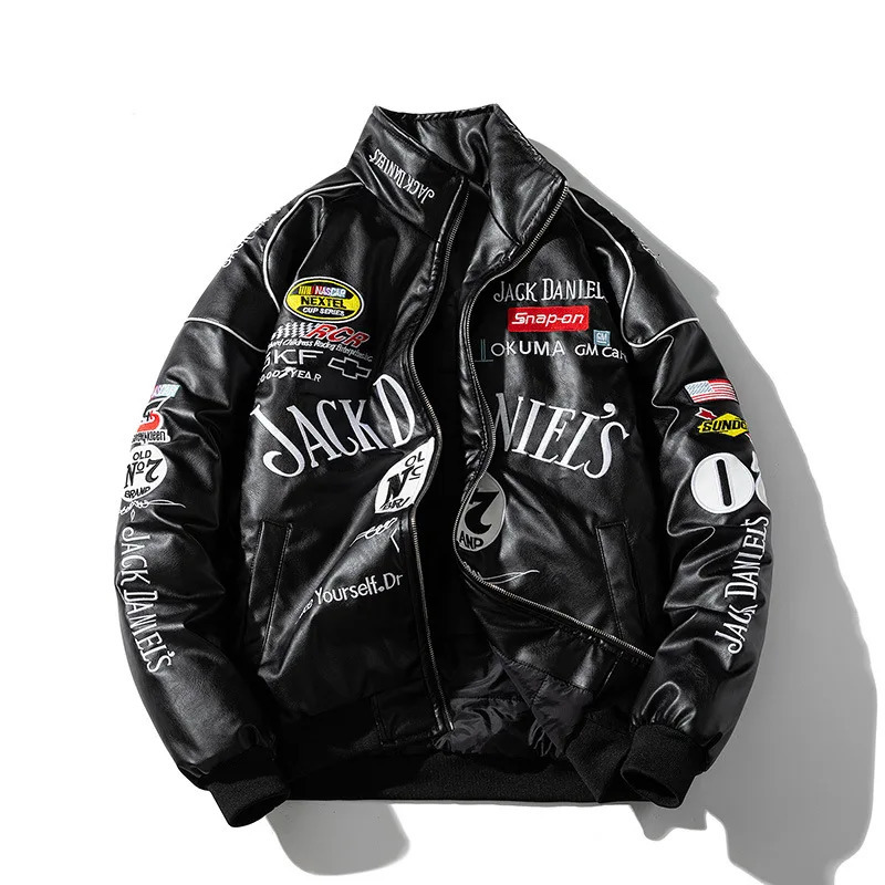 Street Mens Leather Jacket Racing Bomber Cotton Autumn Fashion Embroidery Baseball Collar Handsome Coat