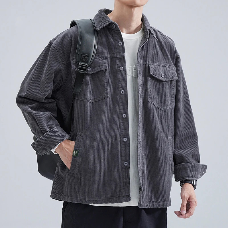 American style cargo shirt mens cotton coral fleece loose long sleeved top solid color multi pocket casual jacket autumn 241209