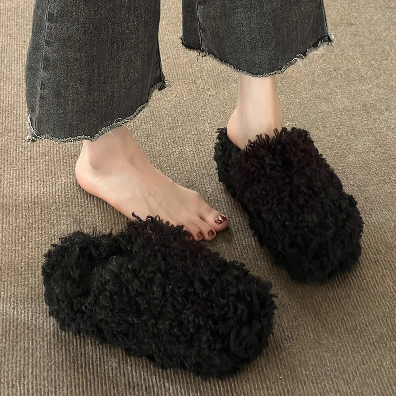 Womens shoe cover toe house slider platform slider wedge-shaped womens shoes fur flip cover er high plush rubber241209bj