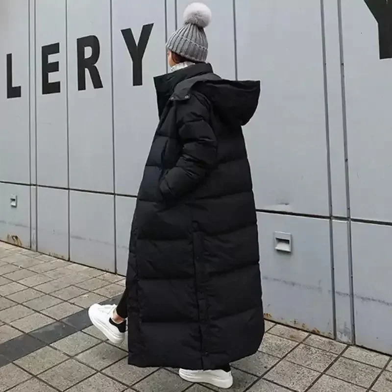 Super Long Padded Cotton Jacket Womens 2023 Korean Over The Knee Fashion Parkas Winter Thick Black Down 241209