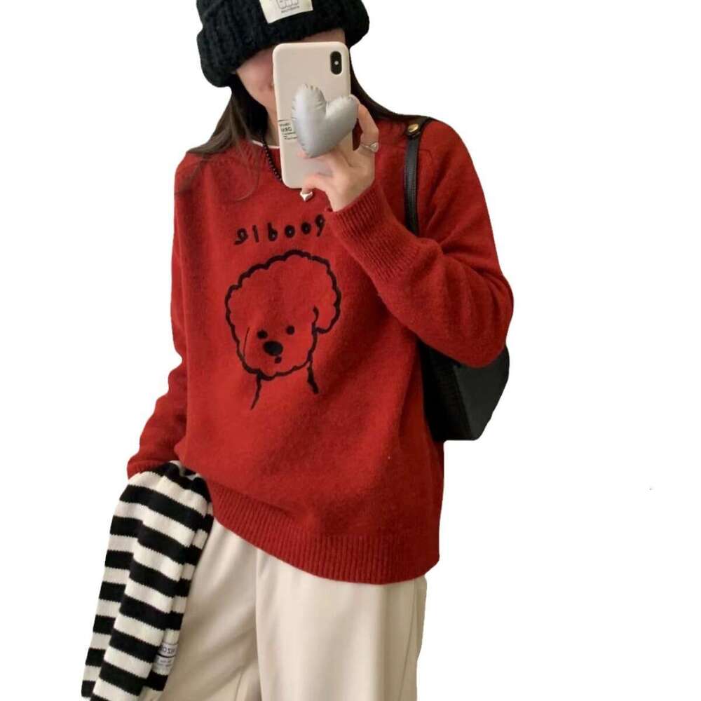 Gentle style cartoon little dog sweater for female students, 2023 autumn and winter new style, loose round neck, single wear, inner knit top