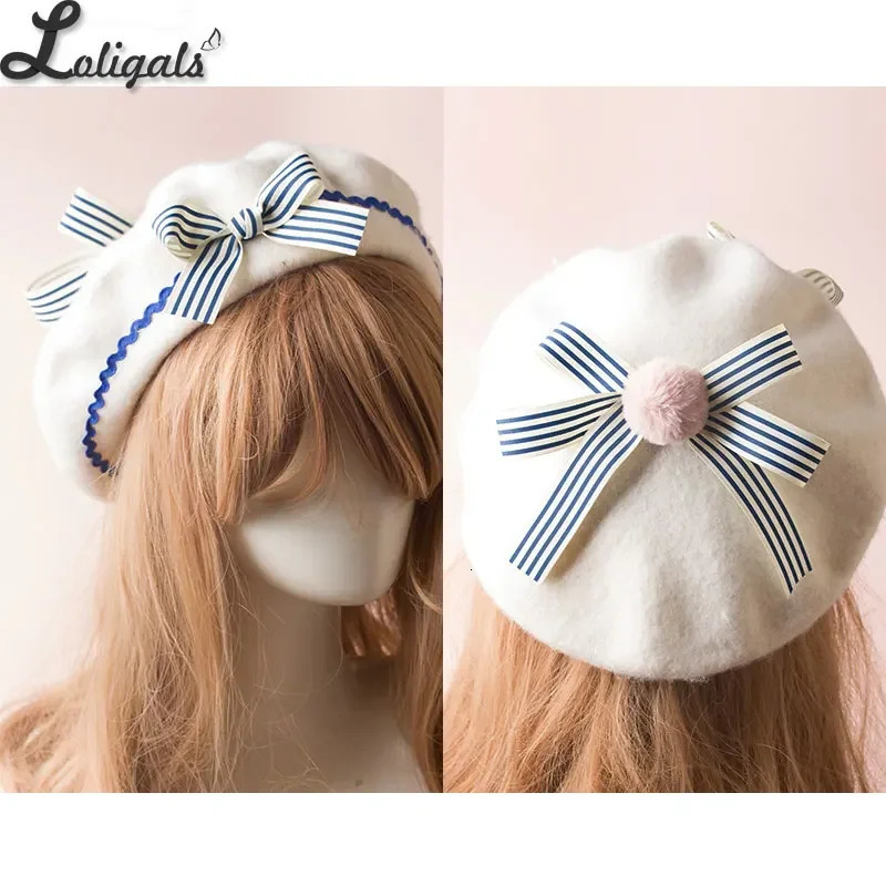 Cute lady Lolita sailor beret Gothic wool beret with cute bow for winter 241209