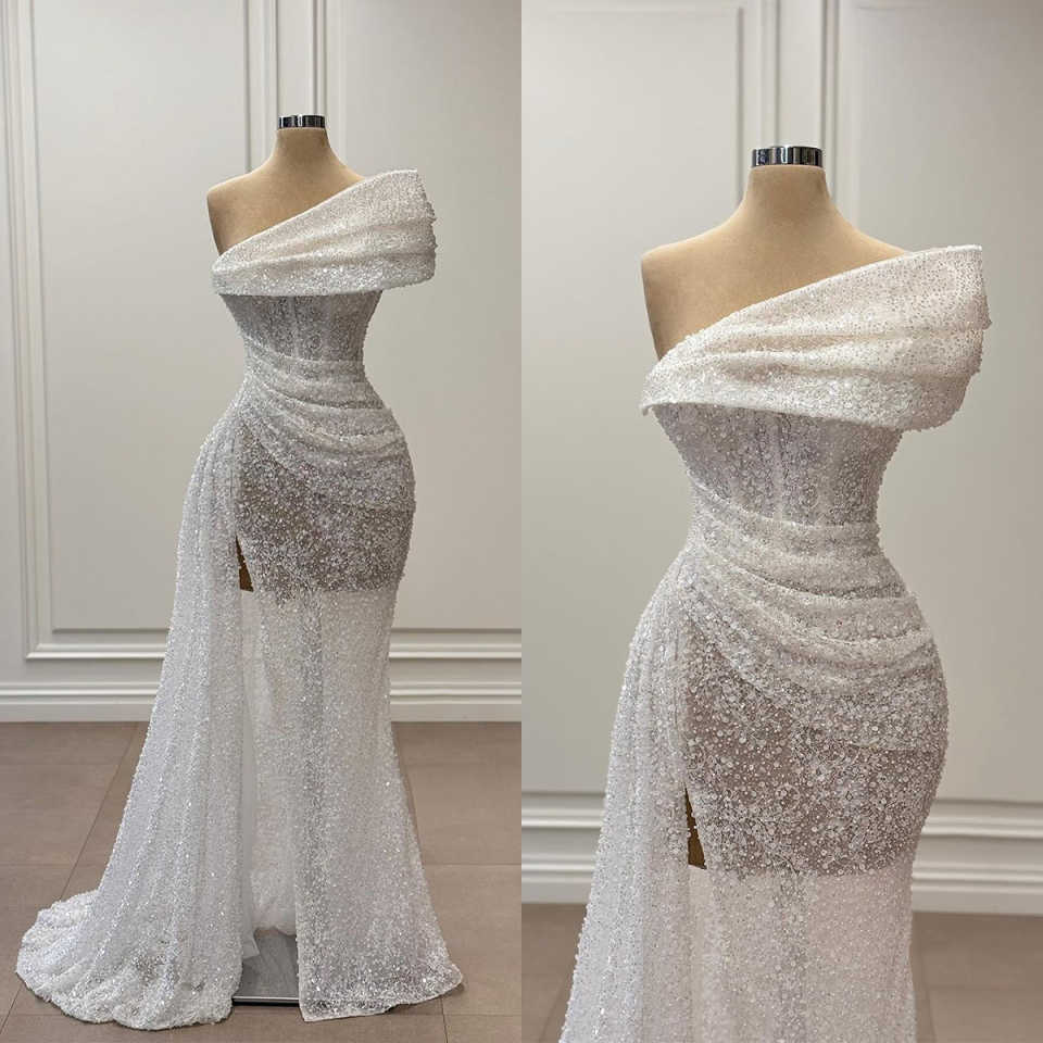 Classic Mermaid Dresses For Women One Shoulder Sleeveless Gown Sequins Sweep Train Split Side Customized Dress Party