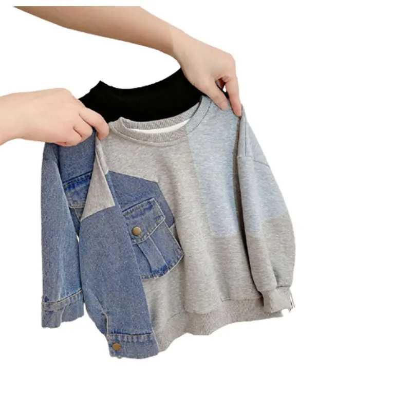 Spring Boys and Girls Top Denim Patchwork Sleeve Loose Hoodie Autumn Casual Childrens T-shirt 241210