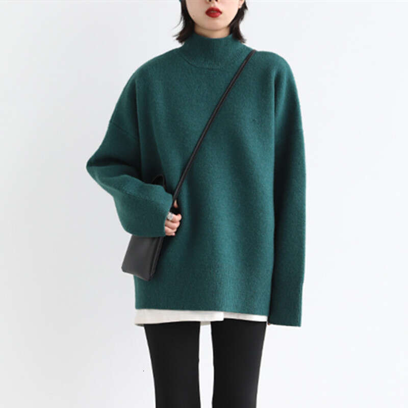 Korean style semi high neck thick for women, with a lazy autumn winter feel, loose medium length style, soft and sticky base knit sweater