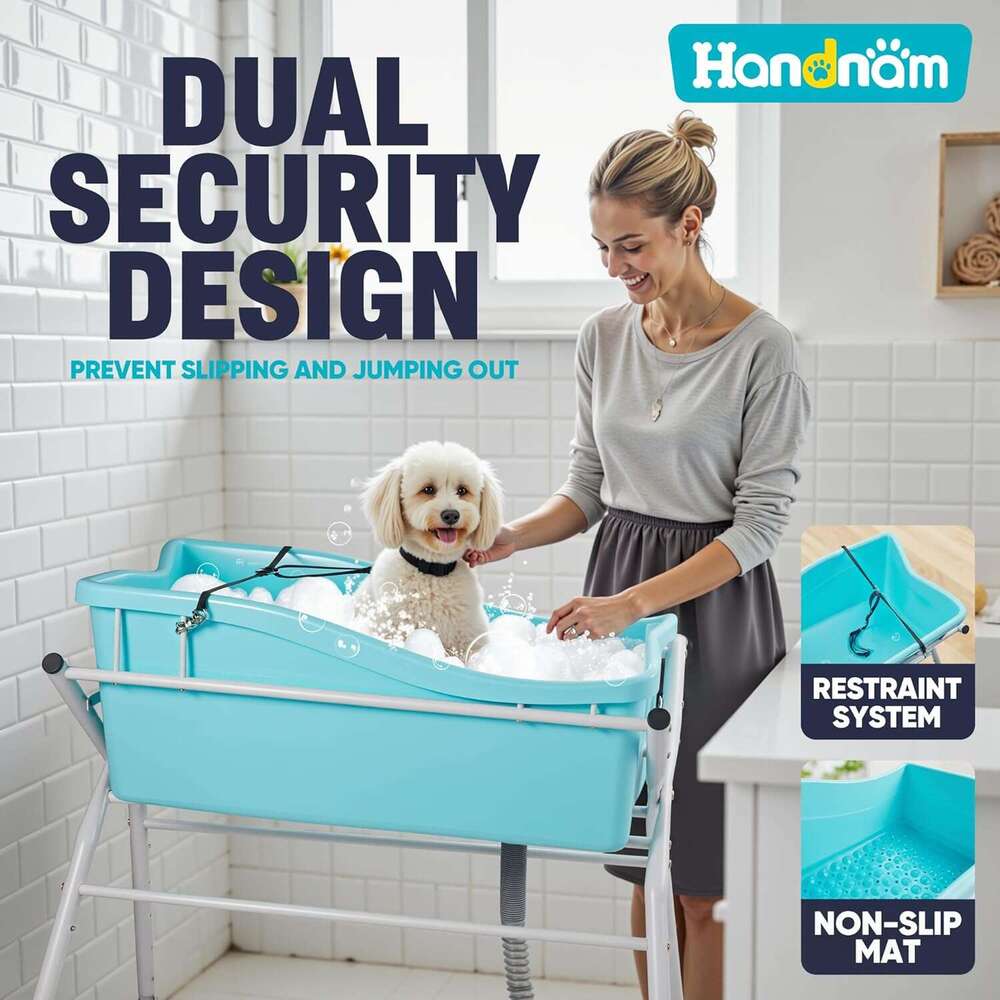 Handnam Tub, Portable Washing Bathing Station, Elevated Foldable Dog Bath Shower Grooming, 4 Adjustable Height Pet Tub for Small Medium Size Dogs, Ind