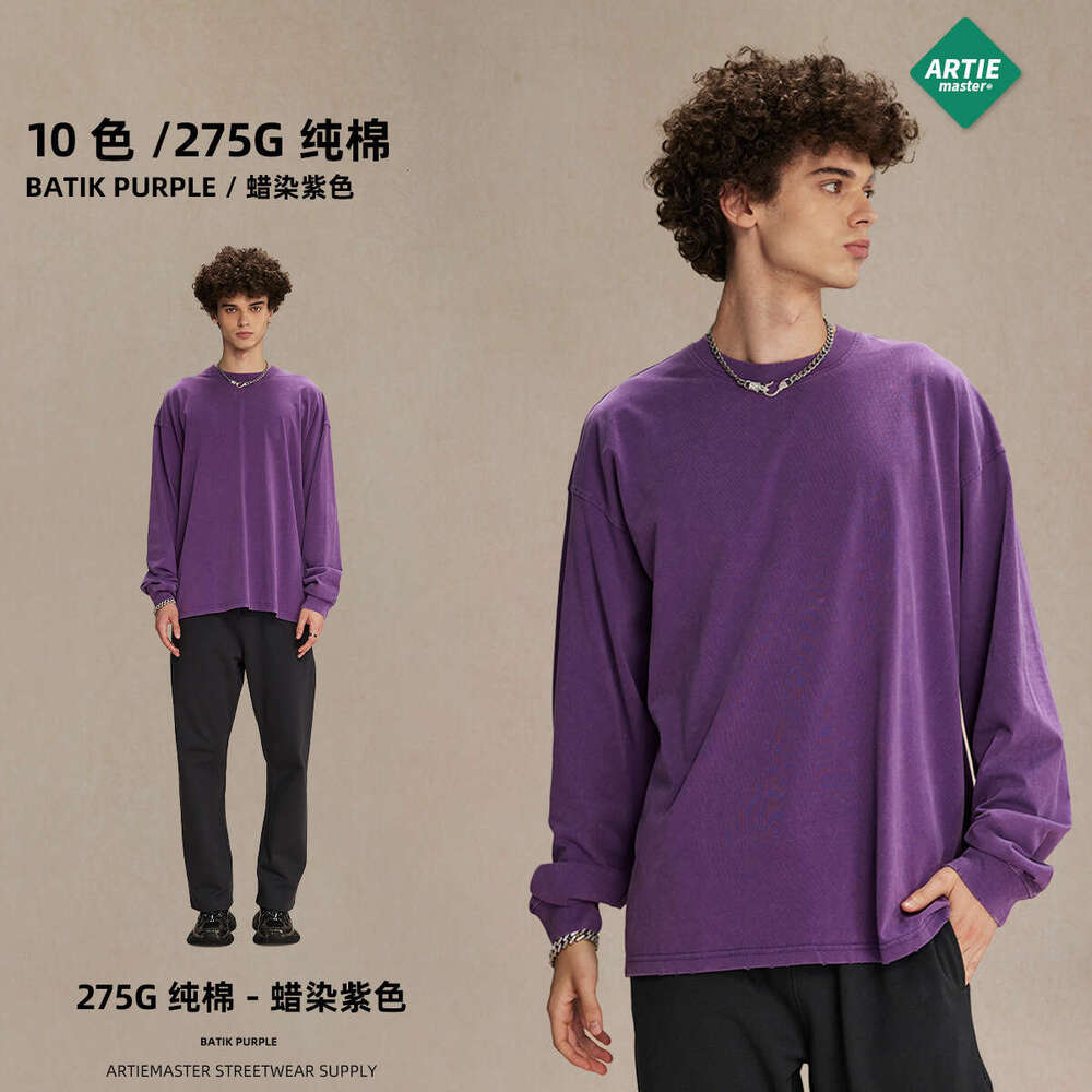 2024 Autumn/Winter New Trendy Brand Heavy Weight 275g Retro Wax Printing Water Washed Sleeve T-shirt Men's Round Neck Couple Top Long T