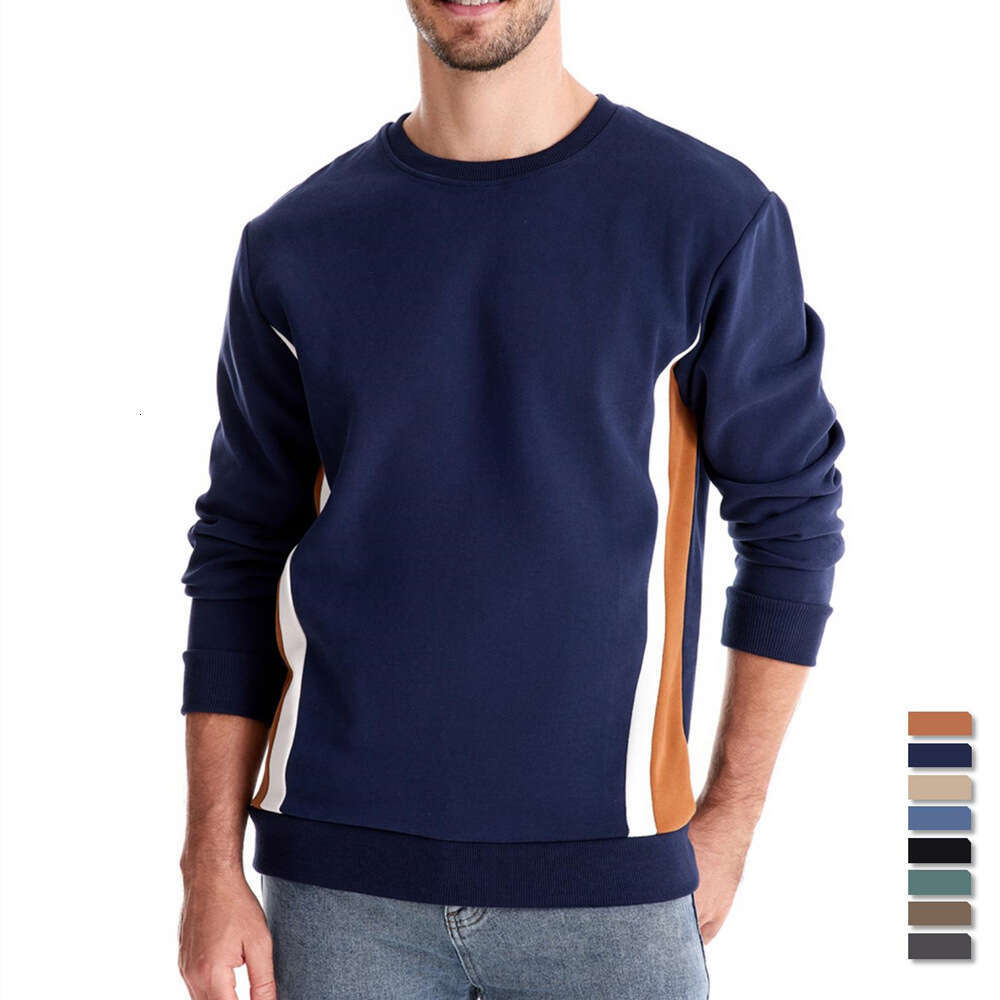 2024 autumn new long sleeved patchwork hoodie men's casual slim fit round neck sports pullover