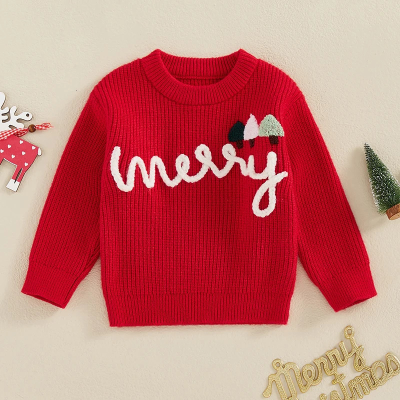 Preschool Baby Christmas Sweater Boys and Girls Alphabet Tree/Santa Claus Embroidered Long Sleeve O-Neck Ribbed Knitted Floral Top 241210