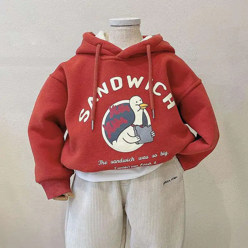Boys hooded sweatshirt cotton top red warm thick velvet winter autumn toddler pulley baby chlorine 241210