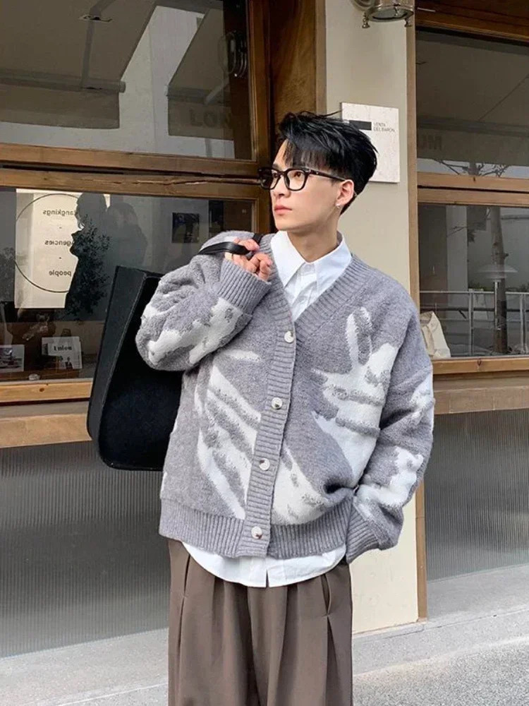 Mens Clothing V Neck Blue Cardigan Graphic Knit Sweater Male in Sheap Aesthetic Meme Maletry Large Big Size Korean Fashion 241202