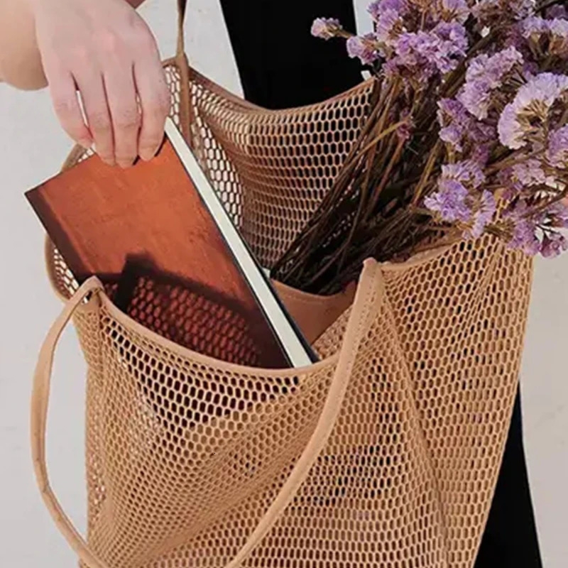 Summer Mesh Handbag Womens Shoulder Bag Beach Bag High Capacity Shopping Bag Womens Storage Bag 241205