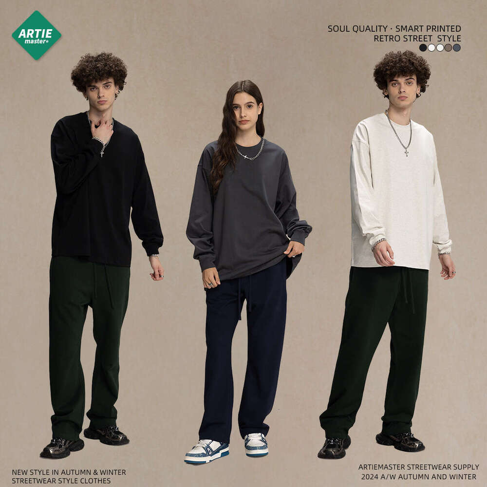 2024 Autumn/Winter New Product Heavy 385g T-shirt Oversize Trendy Brand Round Neck Men's Long Sleeve Top