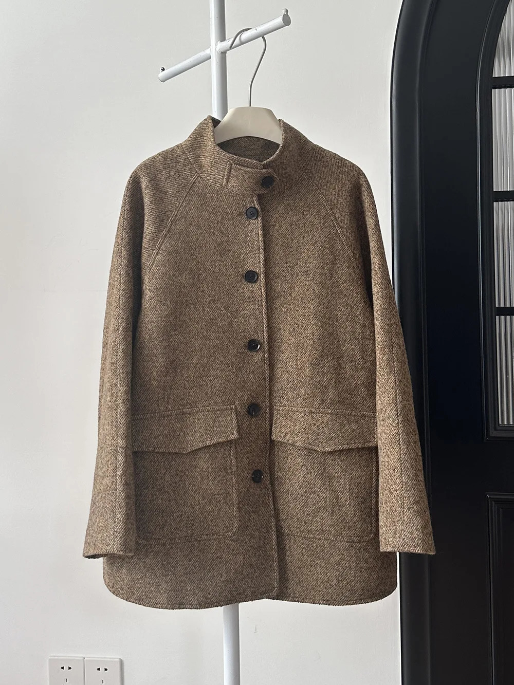 Hazelnut Herringbone Pattern Retro Wool StandUp Collar Medium And Long Small Coat Early Autumn Woolen Women 241202