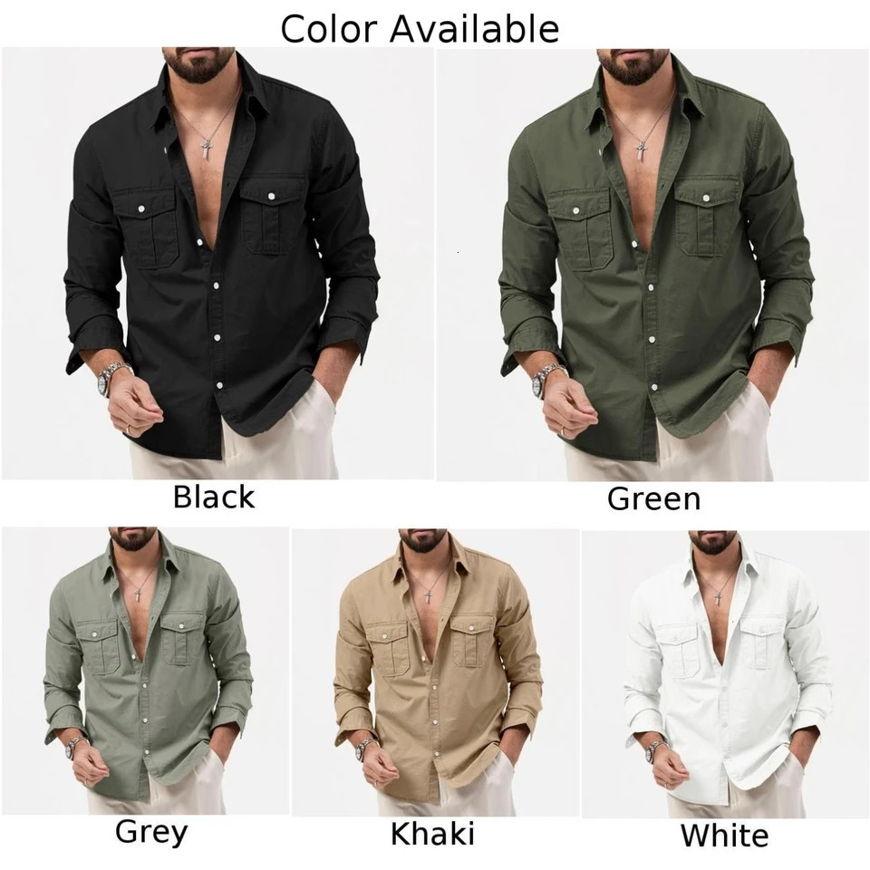 Fashionable mens casual button up shirt Safari style long sleeved lapel merchandise jacket work coat top 241209