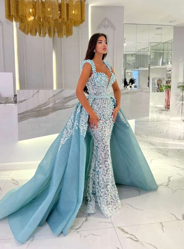 Gorgeous lace blue Mermaid Evening Dresses elegant long sleeves pearls Prom dress feathers cuff formal dresses