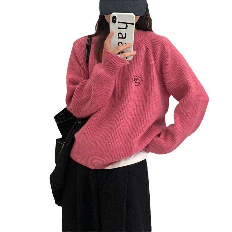 French long sleeved knitted sweater with minimalist design, embroidered round neck raglan sleeves, women's autumn and winter new loose top
