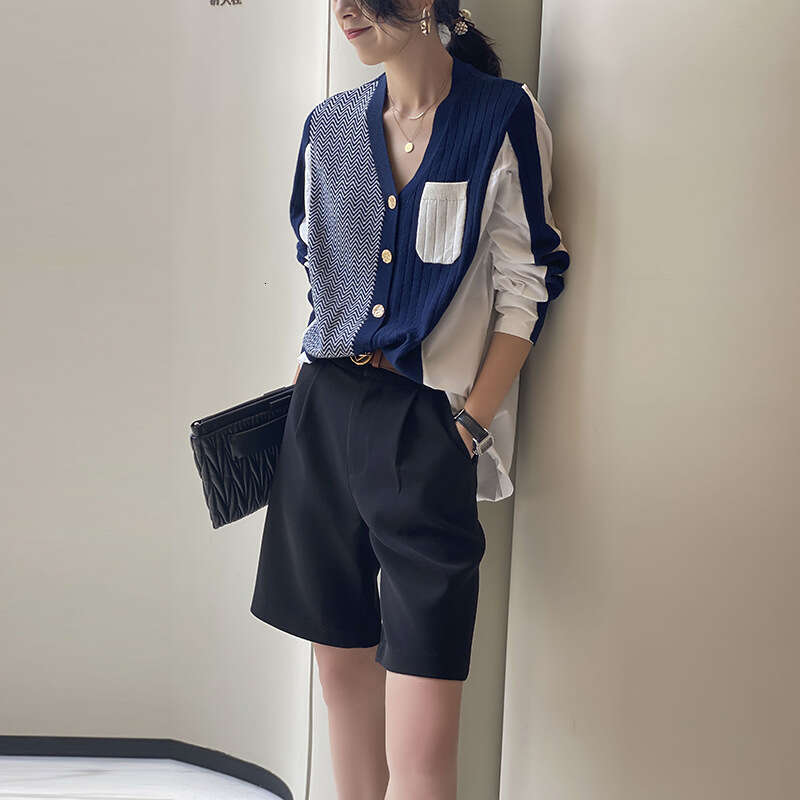 2023 autumn new loose slimming patchwork long sleeved irregular color blocked knitted cardigan jacket
