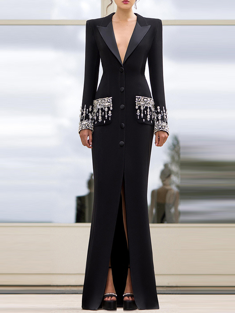 HIGH STREET Newest 2024 Designer Fashion Women's Sleeve Notched Collar Rhie Dias Beading Maxi Long Dress