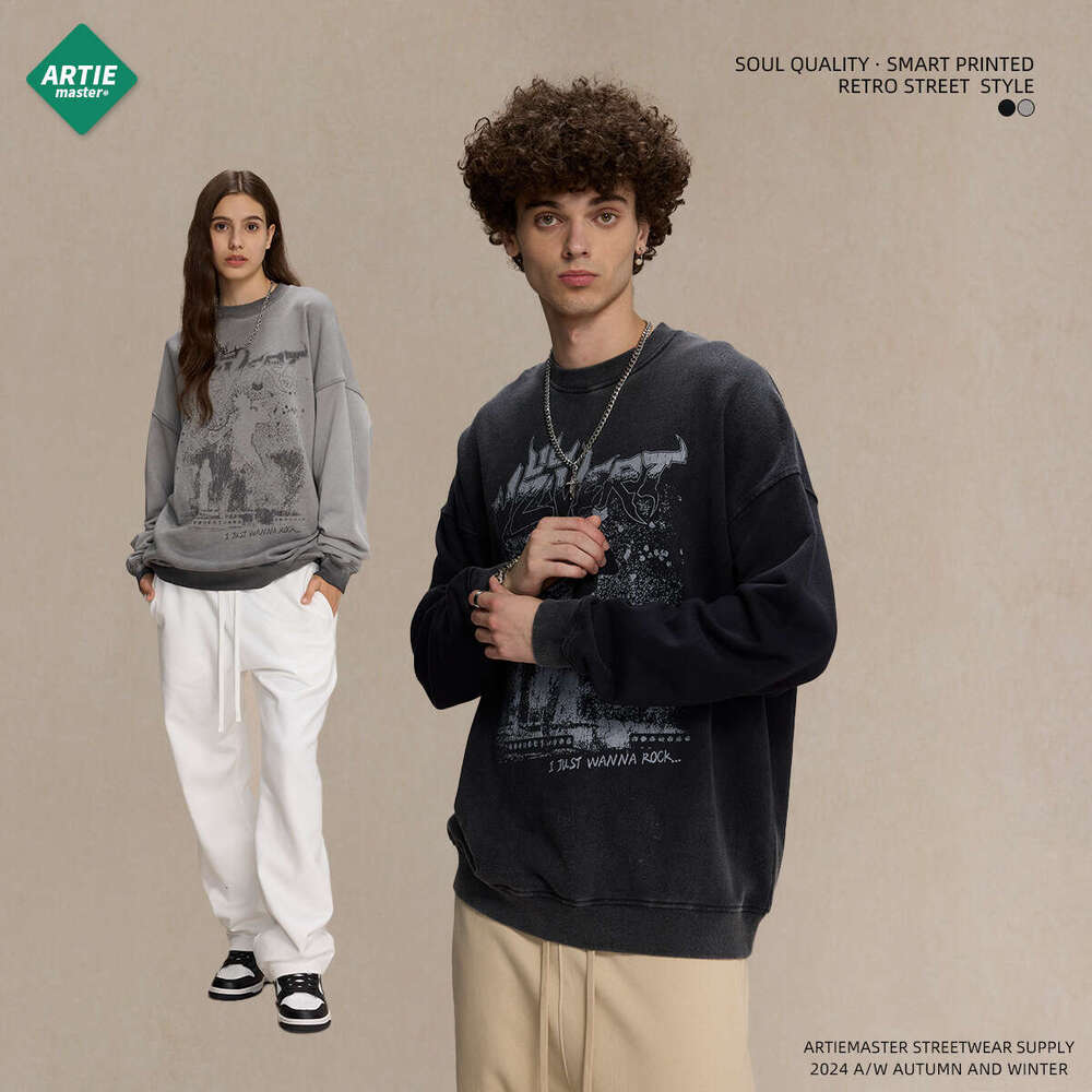 2024 Autumn New Product: Anti Bottom Stir Fry Color Old White Ink Digital Direct Spray Printed Round Neck Men's Sweatshirt