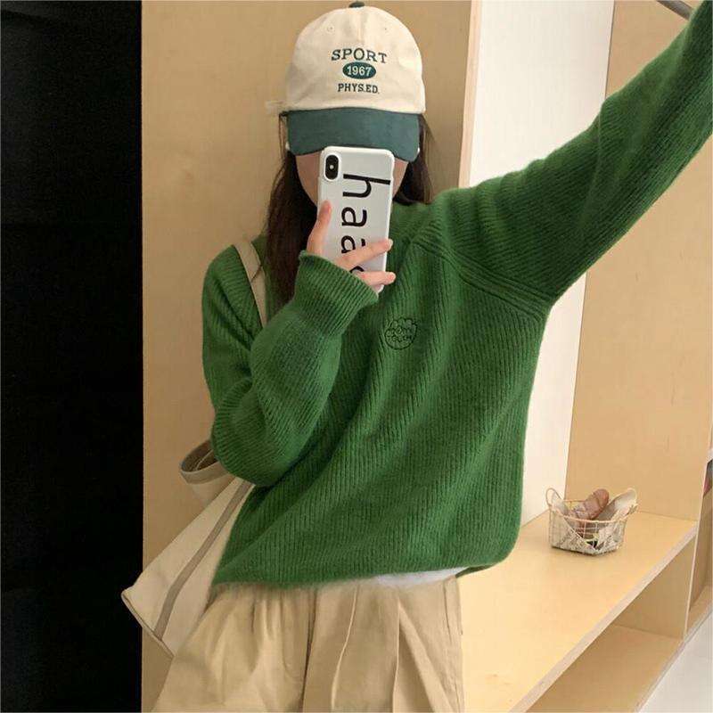 French long sleeved knitted sweater with minimalist design, embroidered round neck raglan sleeves, women's autumn and winter new loose top
