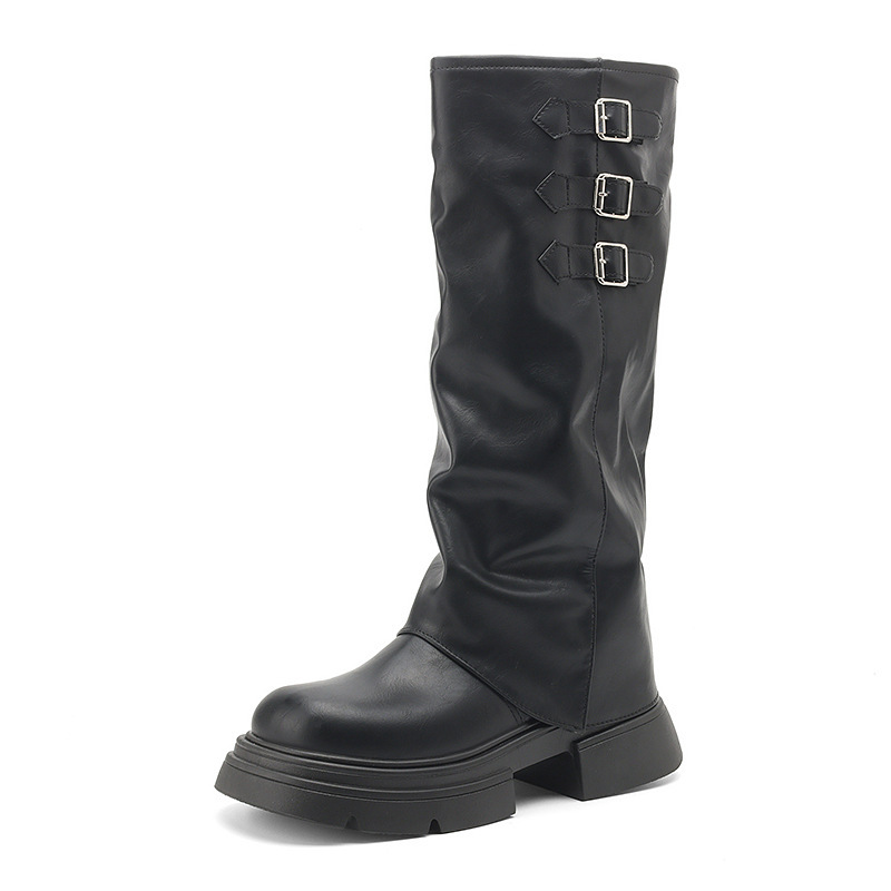 Women Boots:Western Style Thick Sole High-top Boots New Version Round Toe Belt Buckle Long Boots,Black/Brown/Khaki,Free shipping