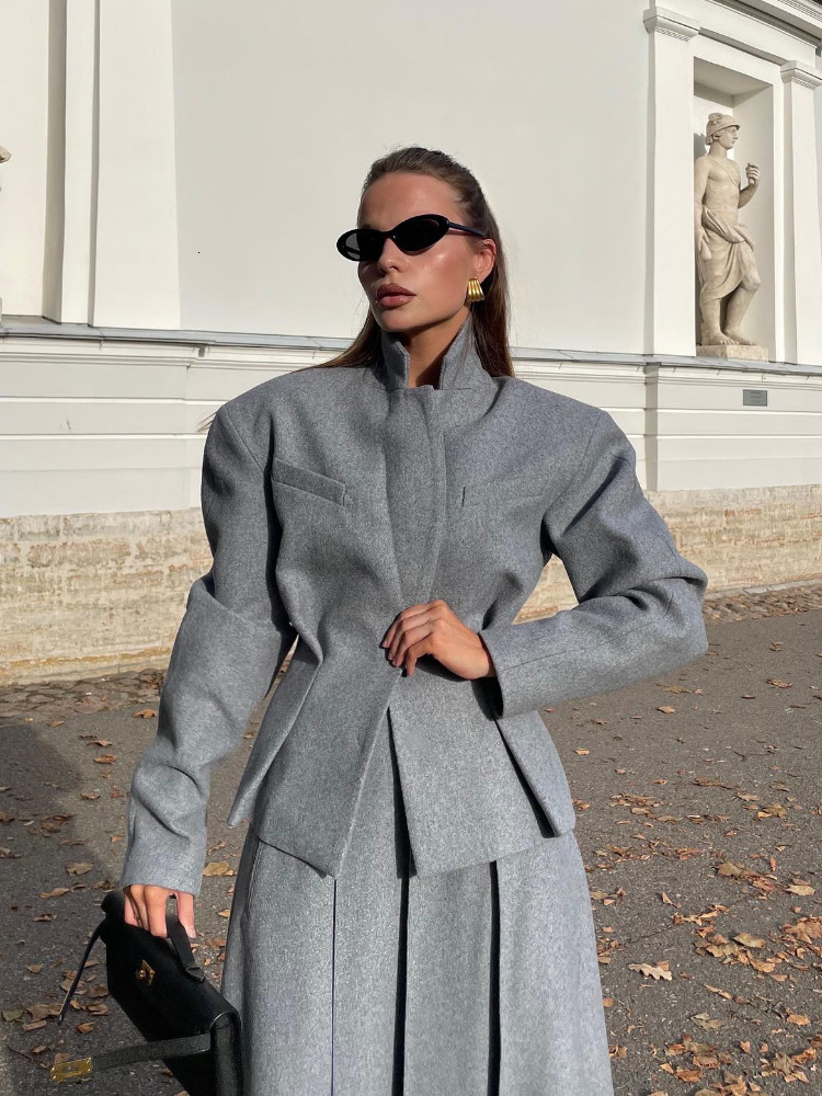 Women Fashion Solid Woolen Skirt Suits Elegant Stand Collar Full Sleeve Coat Loose Pleated Long Skirts Set Fall Chic Lady Outfit