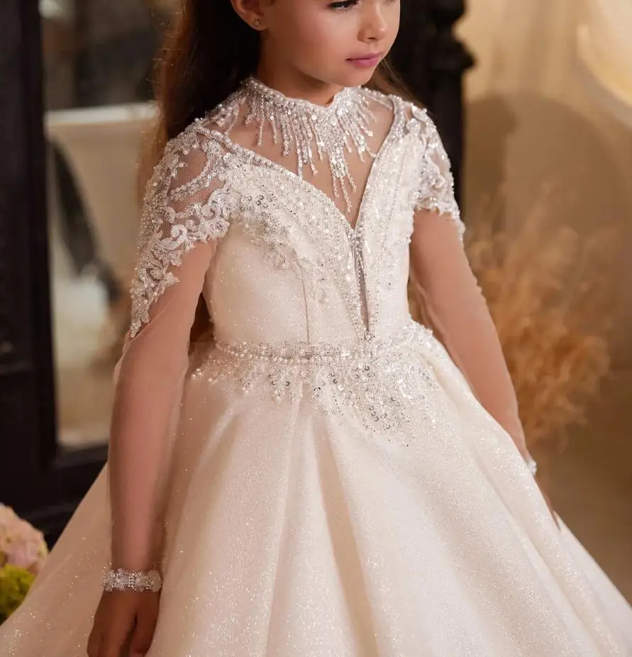 Lace Apliques wer Girls Dresses Long Sleeves Childrens First Communion Pageant Princess Wedding Party Dress Kids Formal wear Court Train