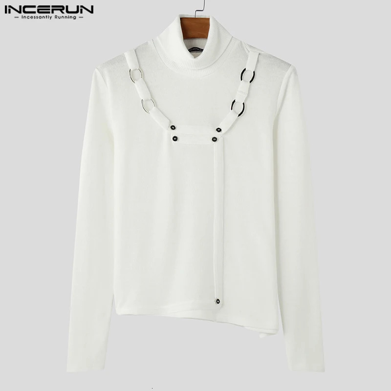 Autumn Fashion Men Clothing INCERUN Metal Buckle Sweaters Casual Streetwear Male Solid High Neck Long Sleeved Pullovers 241209
