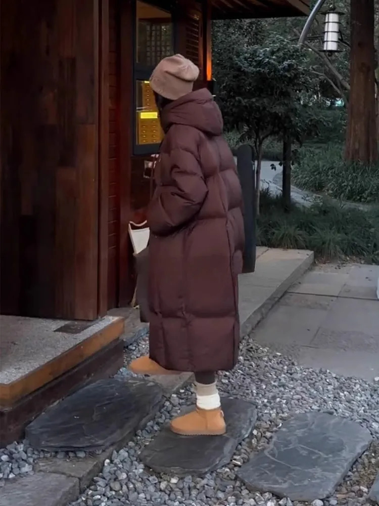 Womens down cotton apron jacket thick Korean warm long coat solid hooded full top winter 2024 241209
