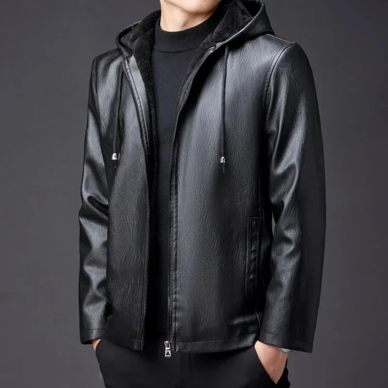 Winter highend mens hooded leather jacket waterproof and windproof plush insulated clothing 241209