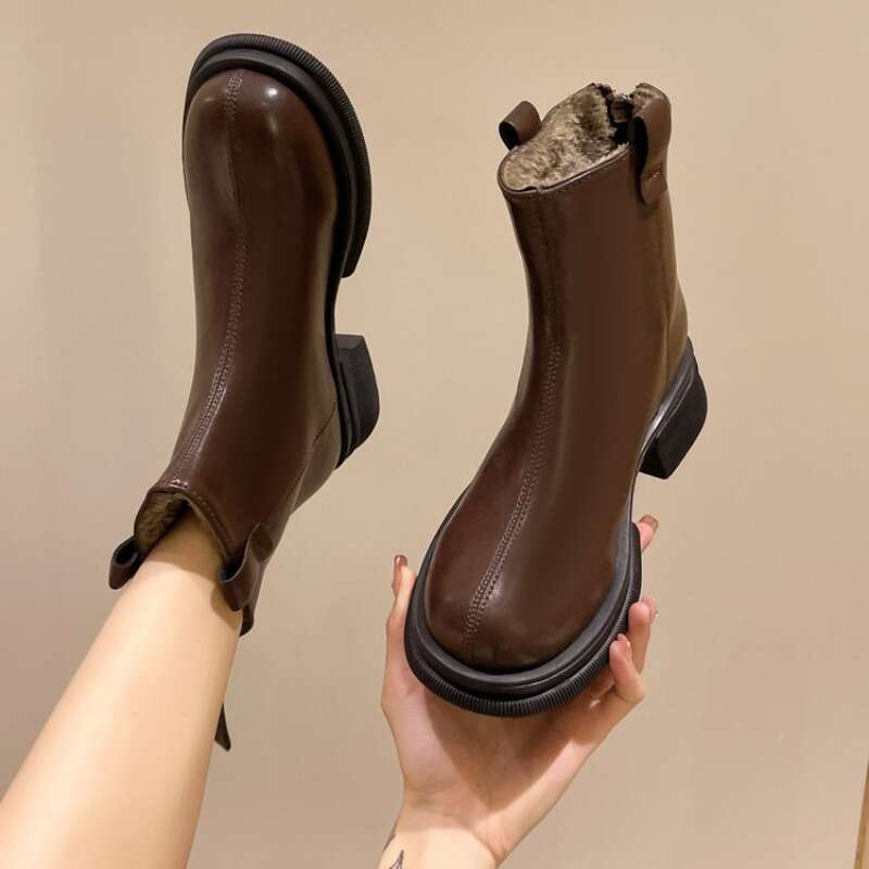 New Women Fashion Female Square Heel Low-Heel Shoes Lady Leather Woman Low-heel Keep Warm Ankle Boots Q109
