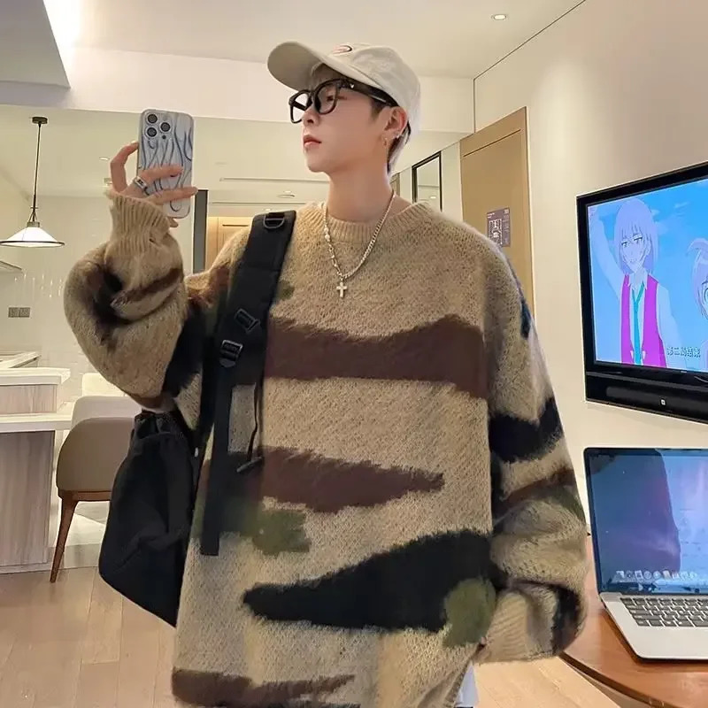 Vintage Winter Angora Sweater For Men Trendy Niche Knit Jacket Crew Neck Style American Feel Free Time Fashion 241209