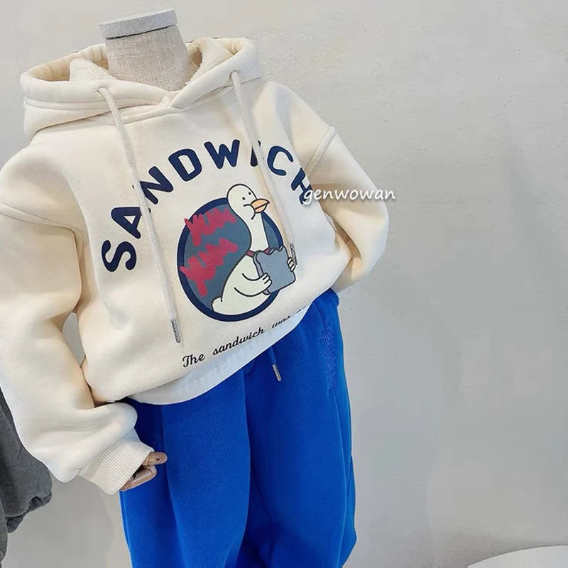 Boys hooded sweatshirt cotton top red warm thick velvet winter autumn toddler pulley baby chlorine 241210