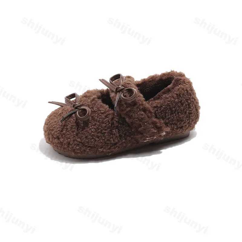 New 2025 Winter Children Fashion Bowknot Flat Shoes Fur Cover Toe Light Warm Kids Casual Shoe Plush Non-slip Comfy Girls ShoesXJ241209