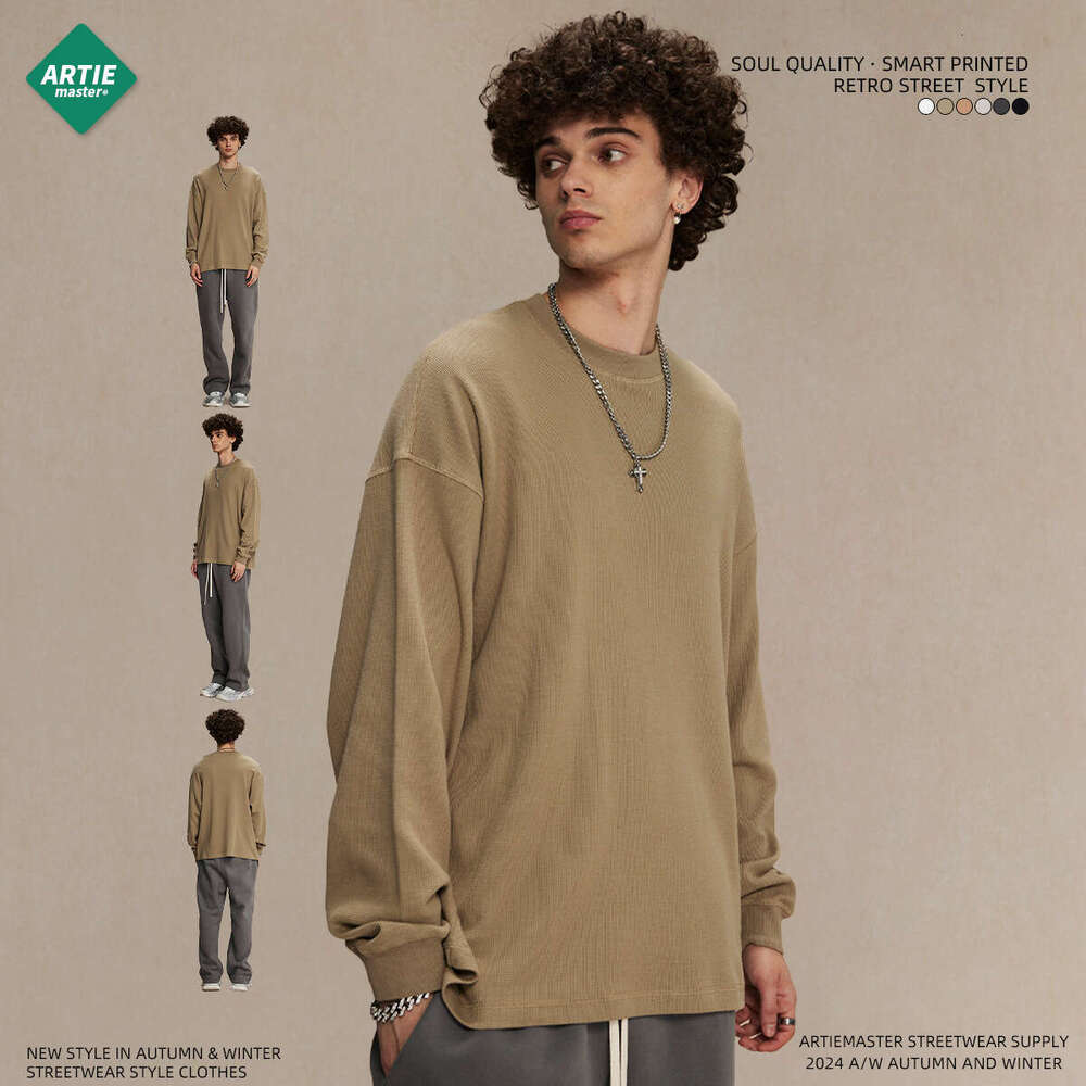 2024 Autumn/Winter New Product Breathable Waffle 330g Round Neck T-shirt Men's American Trendy Brand Loose Casual Long Sleeve T