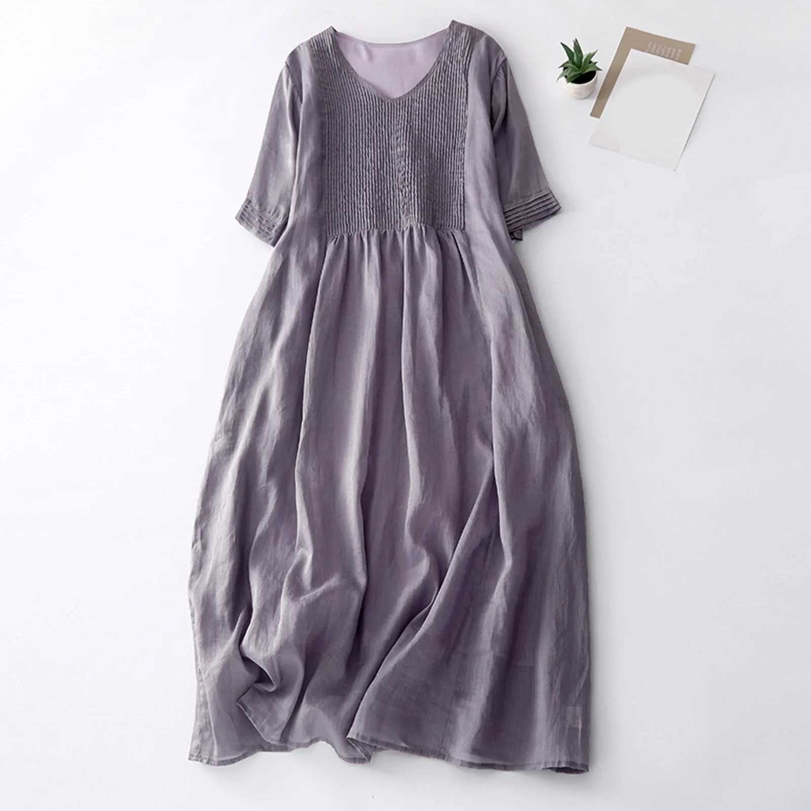 Womens solid color cotton linen long dress a V-neck pleated half Sve Maxi dress summer dress with pockets W241210