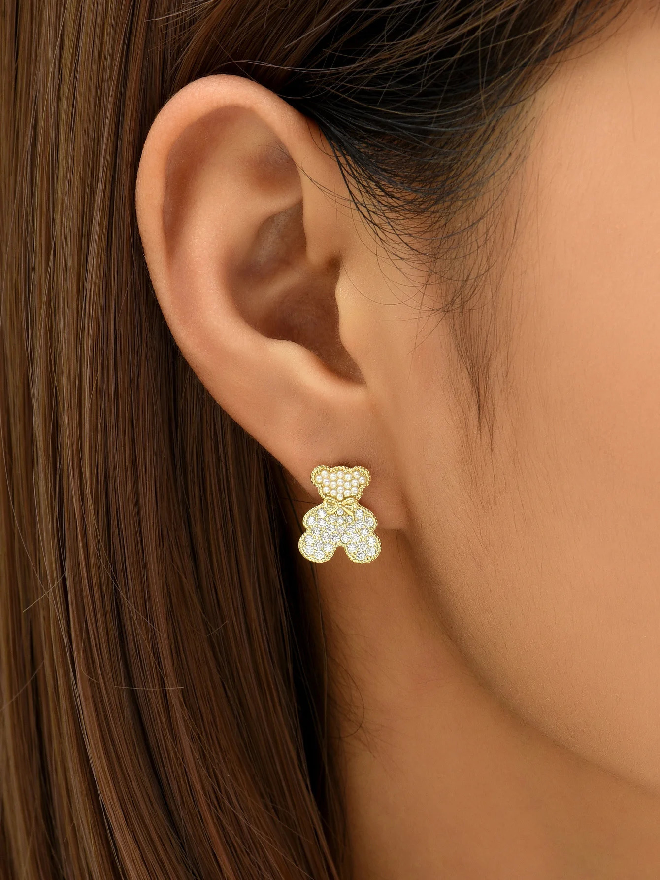 JF Super Flash Exquisite Micro Inlaid Zircon Pearl Cute Bear rens Fun Earrings 241209