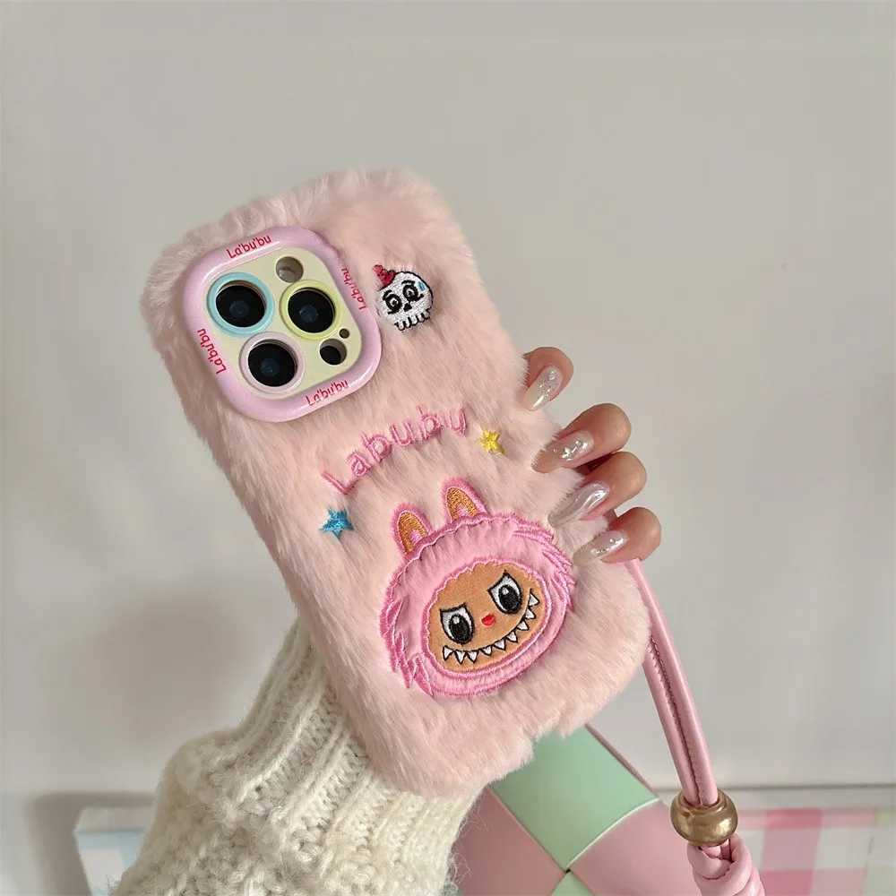 High Quality Suitable for iPhone 11 12 13 15 16 Pro Max plush embroidery 3D cartoon LaBuBu phone case Plus hole lens holder protective case O241209