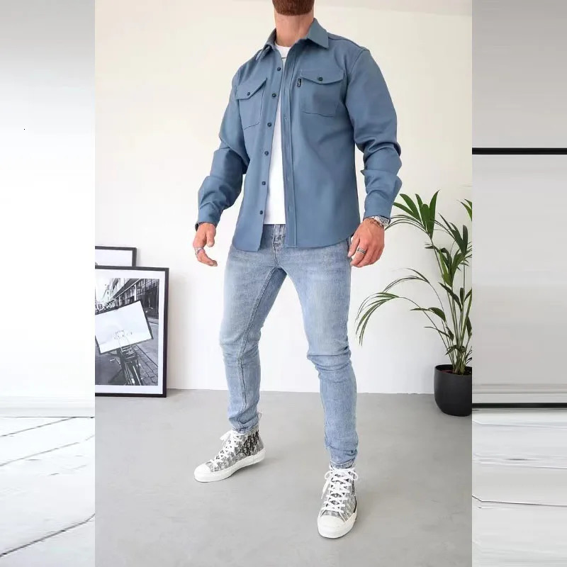 wool top mens spring autumn casual long sleeved button up collar cargo shirt trend clothing solid 241209