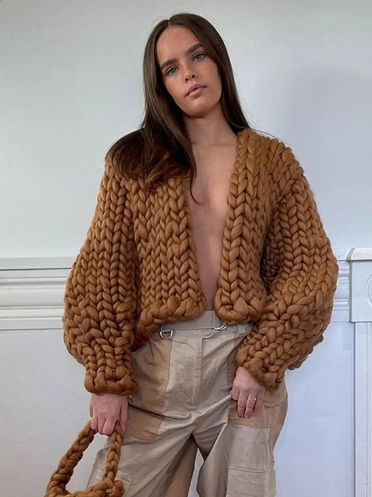 Solid Knitted Cardigan For Women Jacket V-neck Loose Crochet Twist Long Sleeve Sweater Female 2024 Autumn Casual Coat Lady Tops 241210
