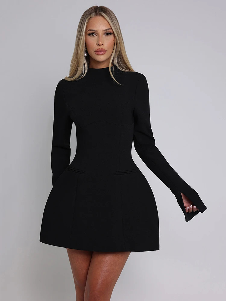 Mozision long sleeved backless sexy mini womens clothing autumn item O-neck high waisted A-line club party sexy elegant dress 241206