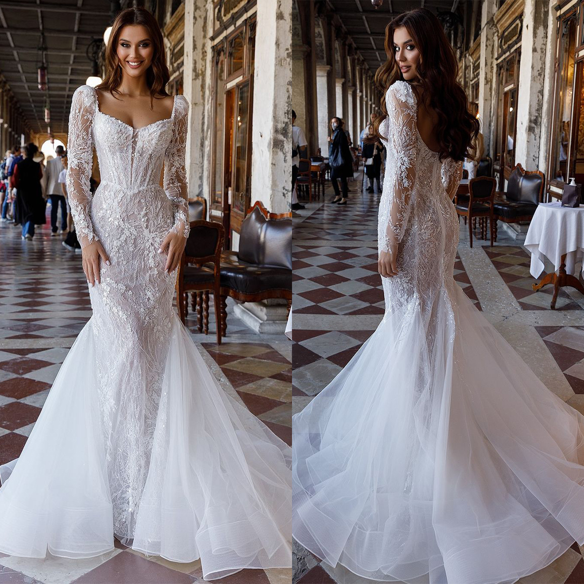 Gorgeous Mermaid Wedding Dresses Strapless Long Sleeve Sequins Appliques Sweep Train Bridal Gowns Chic Dubai Custom Made Sexy Gowns Vestidos De Novia