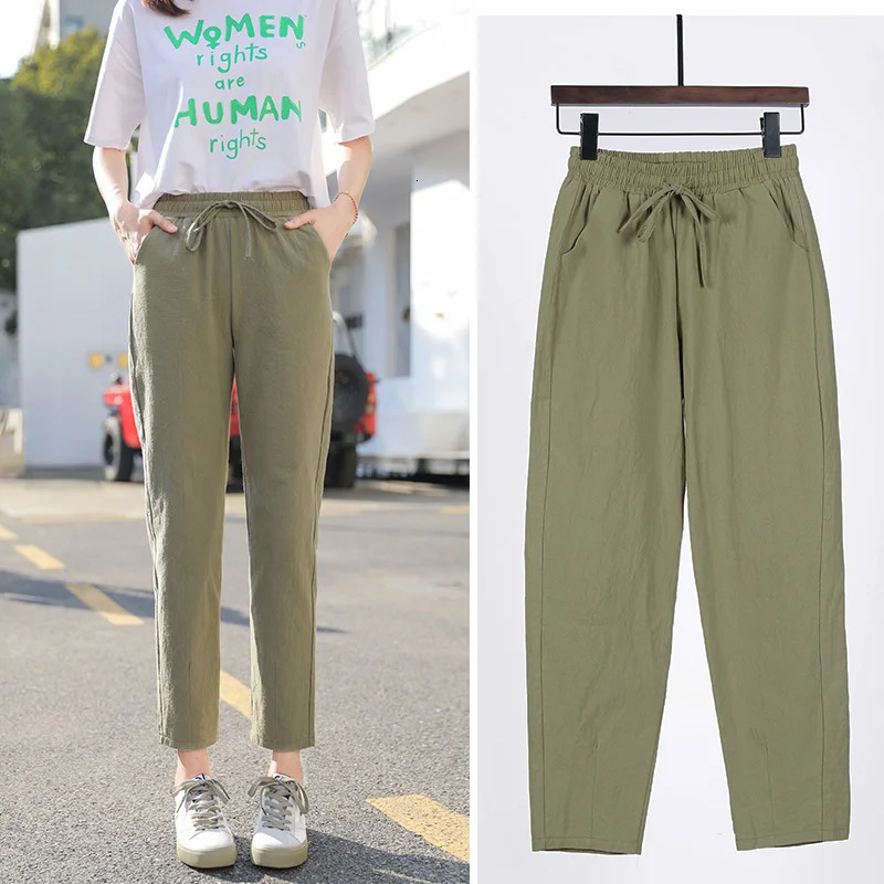 Womens Spring Summer Pants Cotton Linen Solid Elastic waist Candy Colors Harem Trousers Casual Female 241203