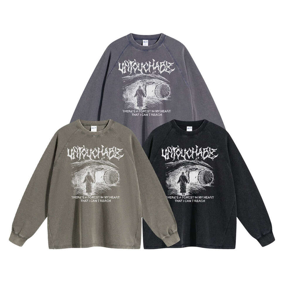 2024 Autumn/Winter New Product Wax Printing Waffle 350g Washed Water Used Printed Long Sleeve Trendy Brand Men's Retro T-shirt