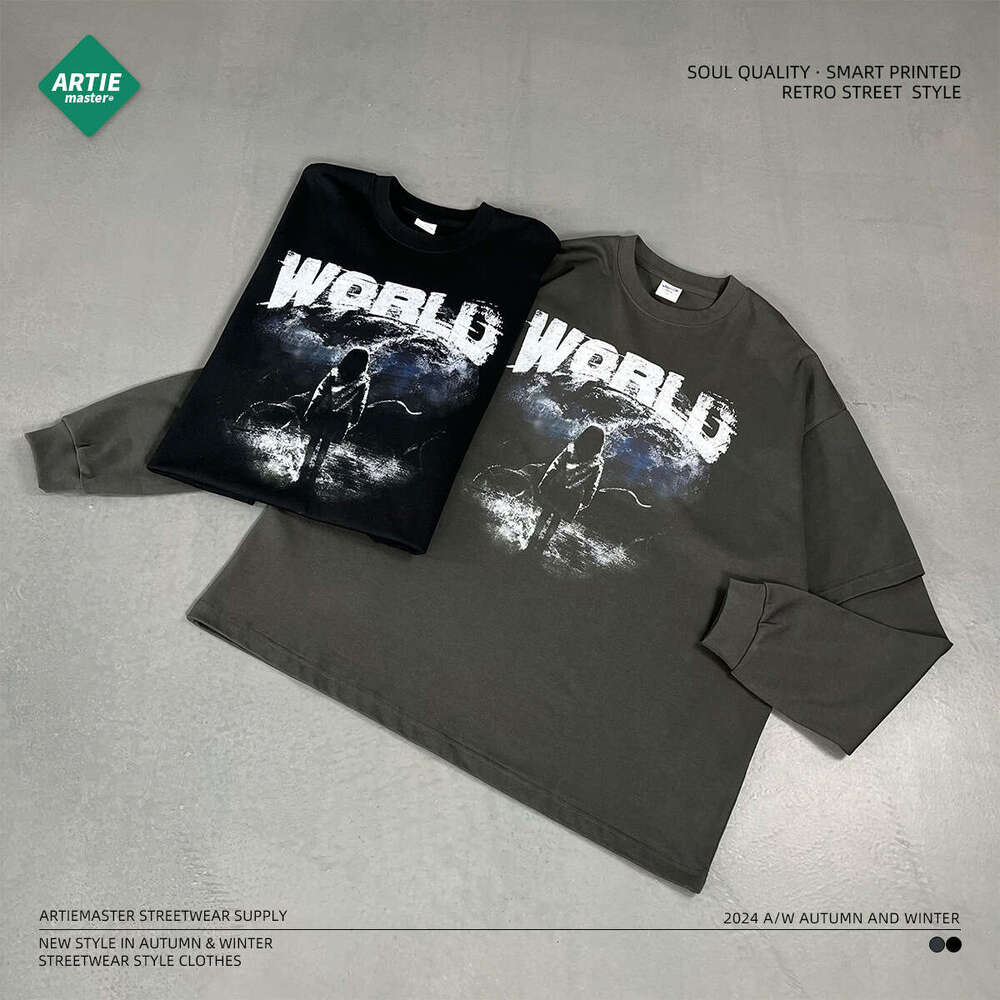 2024 New Trendy Brand Fake Two Piece Digital Printed Long Sleeve T-shirt with No Touch, Men's Loose Casual Bottom Shirt